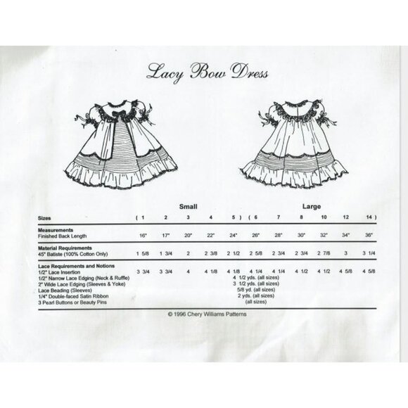 Lacy Bow Dress Sewing Pattern By Cherry Williams Heirloom Patterns For Sizes 1-5 - Picture 2 of 2